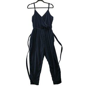 Gap Velvet Cami Jumpsuit Womens L Dark Blue Navy Tapered Relaxed Tie Waist